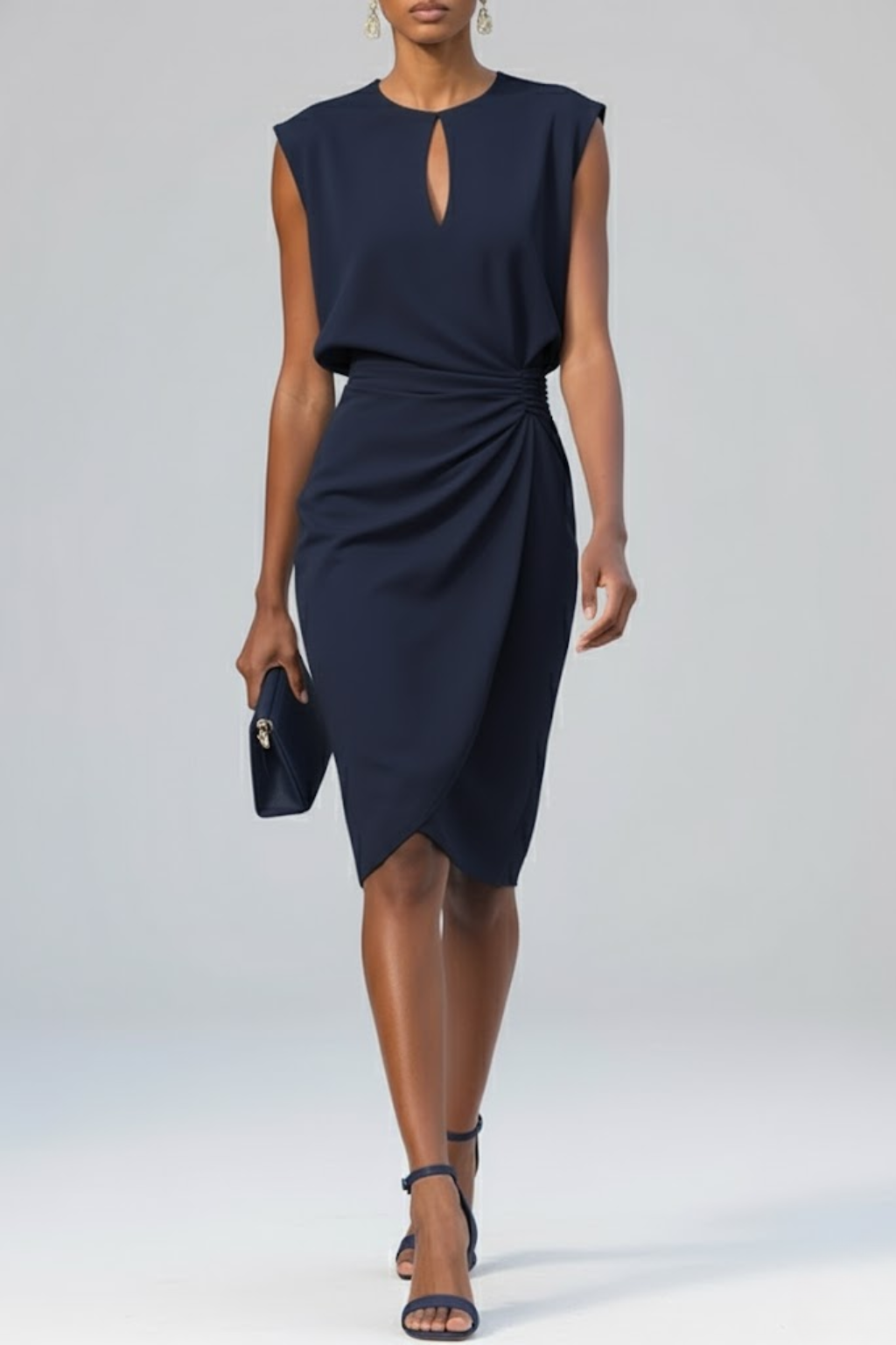 Keyhole-Neck Ruched-Waist Cocktail Womens Midi Dress