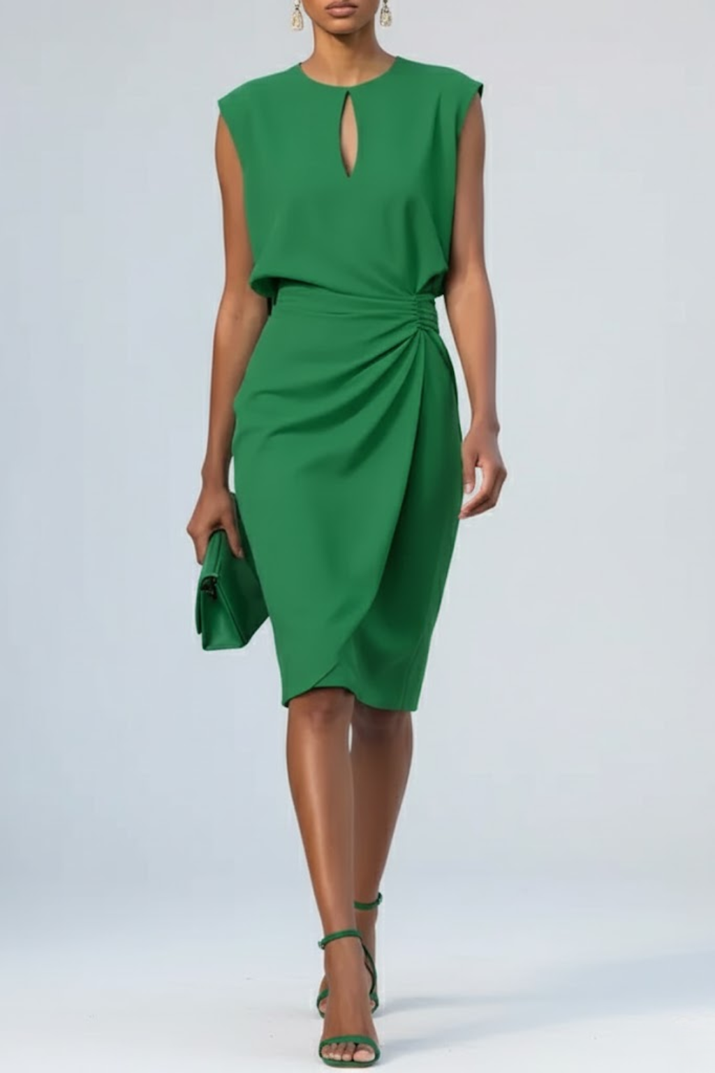 Keyhole-Neck Ruched-Waist Cocktail Womens Midi Dress