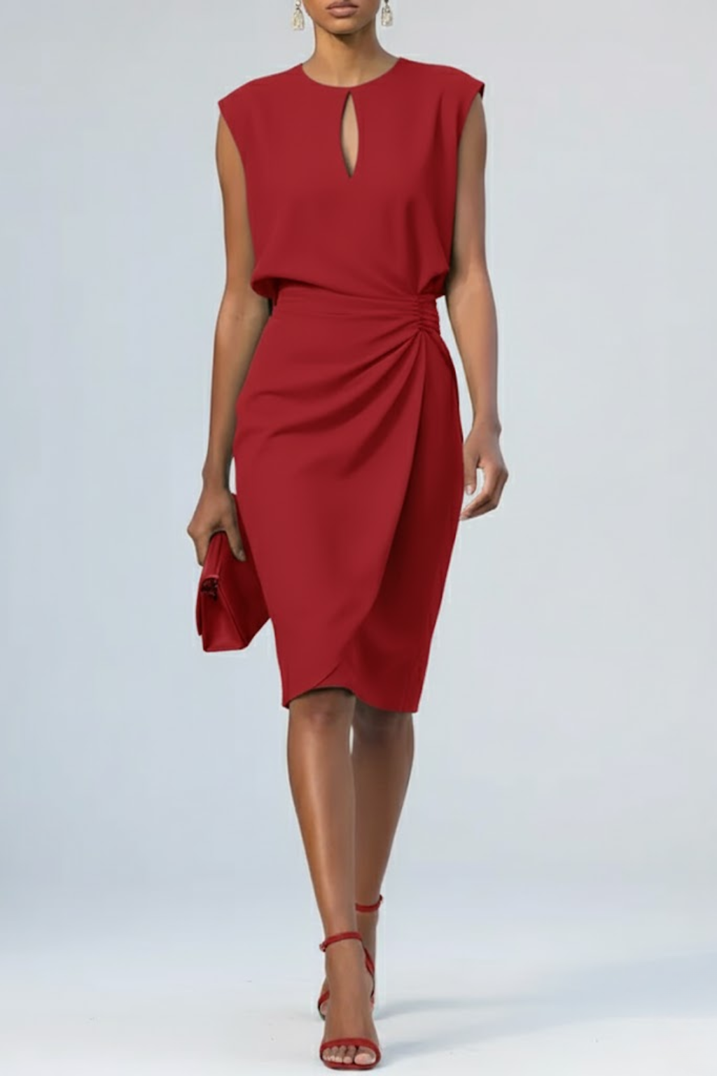 Keyhole-Neck Ruched-Waist Cocktail Womens Midi Dress