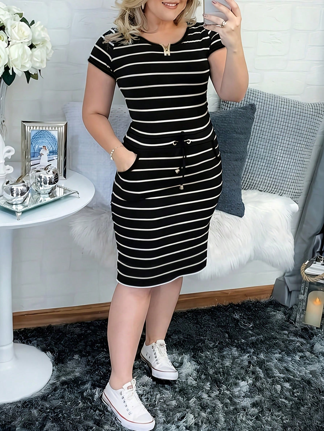 Striped Short-Sleeve Womens Shirt Dress, Drawstring Waist