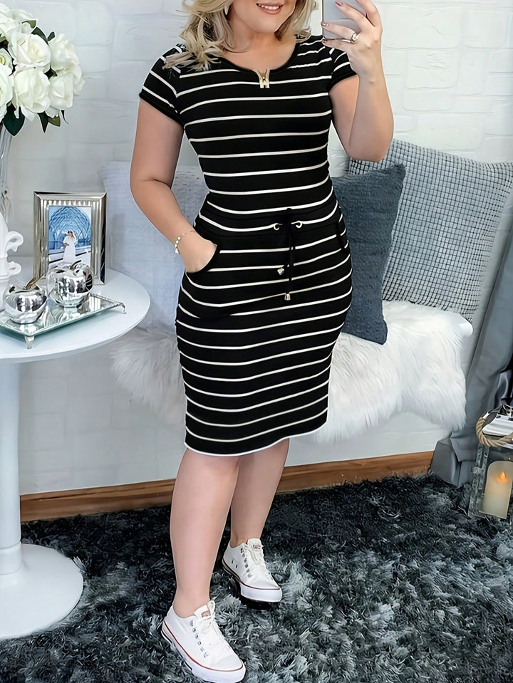 Striped Short-Sleeve Womens Shirt Dress, Drawstring Waist