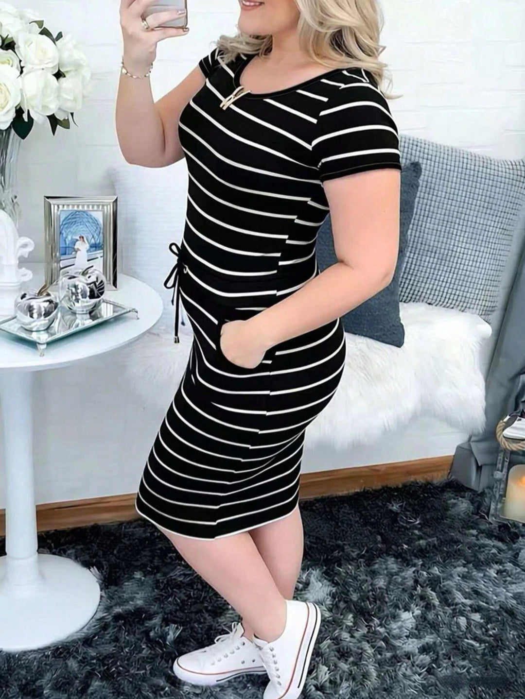 Striped Short-Sleeve Womens Shirt Dress, Drawstring Waist