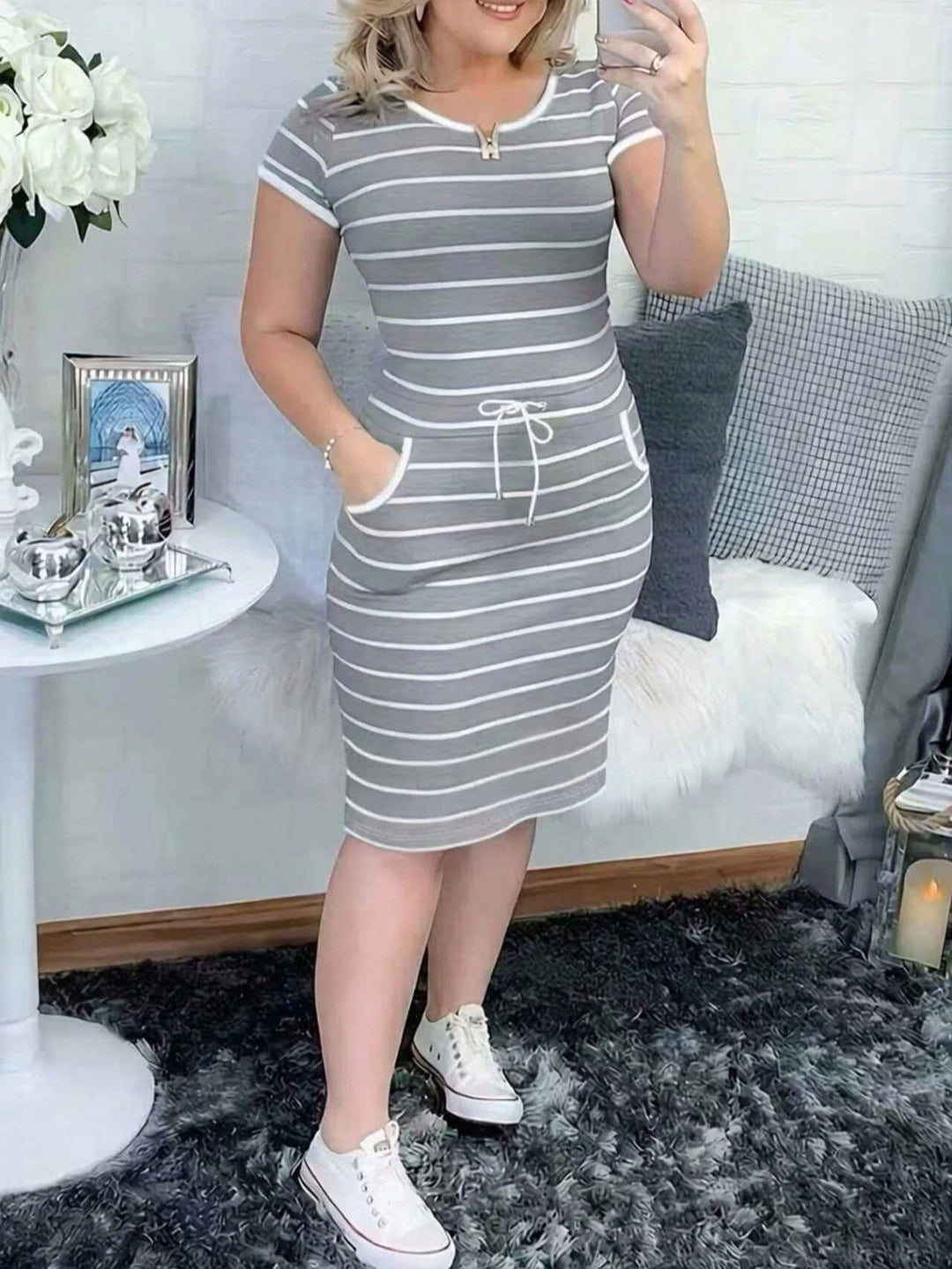 Striped Short-Sleeve Womens Shirt Dress, Drawstring Waist