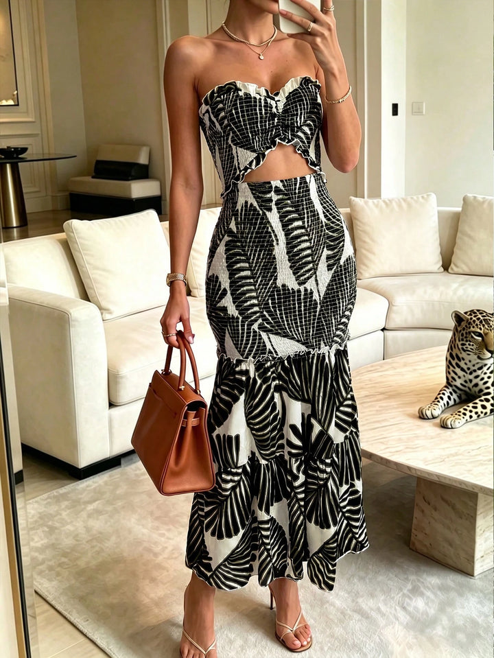 Strapless Floral Bodycon Womens Maxi Dress, Ruffle Trim