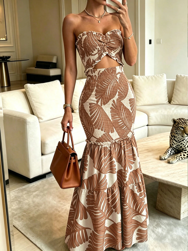 Strapless Floral Bodycon Womens Maxi Dress, Ruffle Trim
