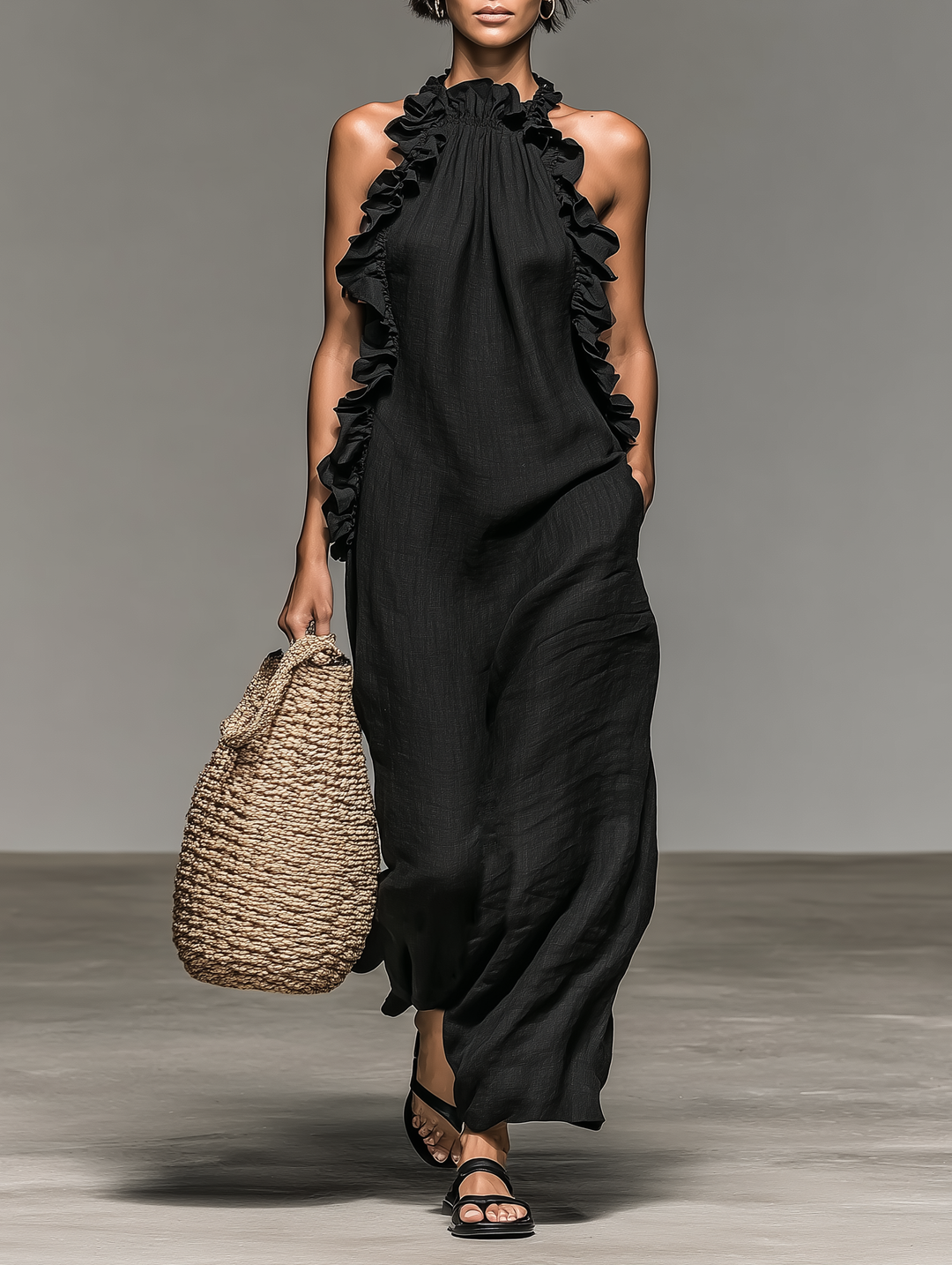 Ruffle-Trim Sleeveless Womens Maxi Dress in Linen Blend