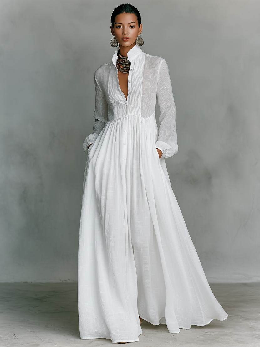 Stand-Collar Cotton-Linen Womens Maxi Dress, Long Sleeve
