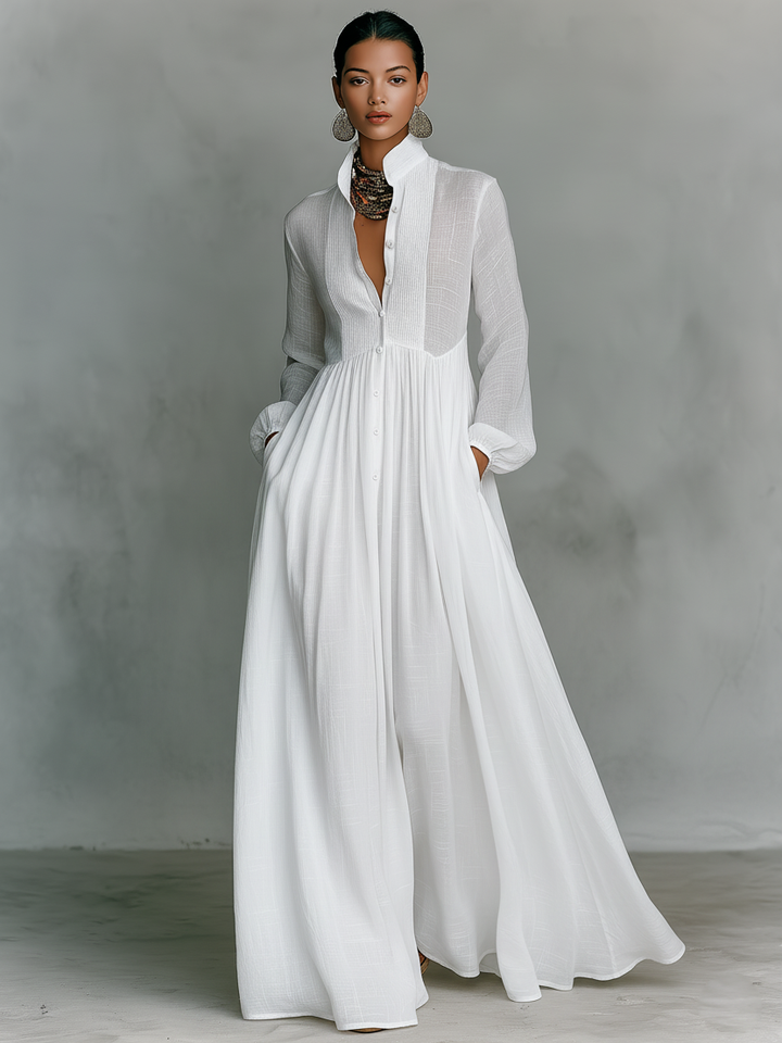 Stand-Collar Cotton-Linen Womens Maxi Dress, Long Sleeve
