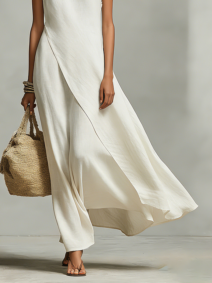 Asymmetric-Hem Sleeveless Linen Womens Maxi Dress
