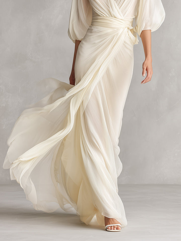 Puff-Sleeve Chiffon Womens Wrap Maxi Dress, Formal Gown