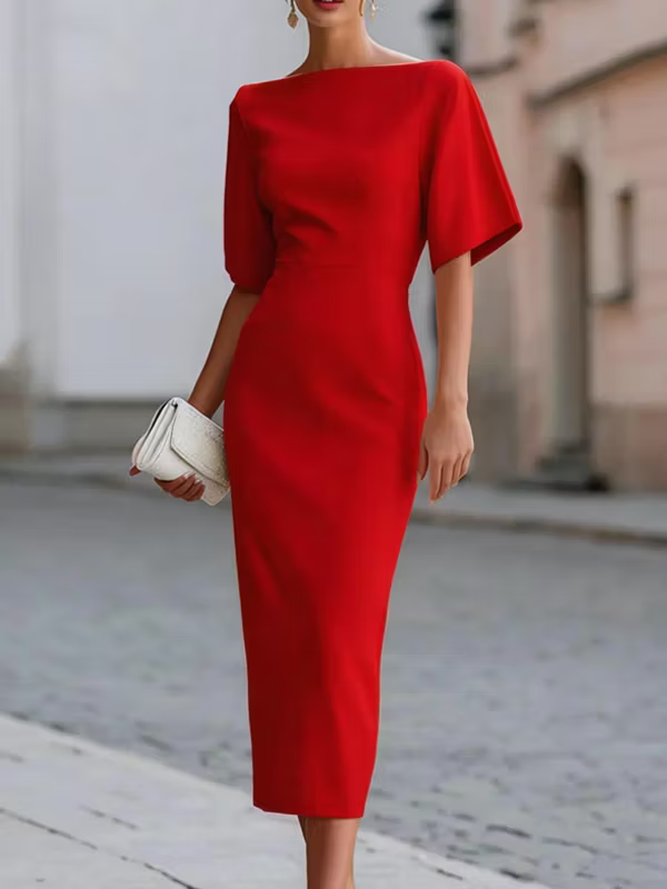 Boat-Neck Ruffle-Sleeve Fitted Womens Midi Dress