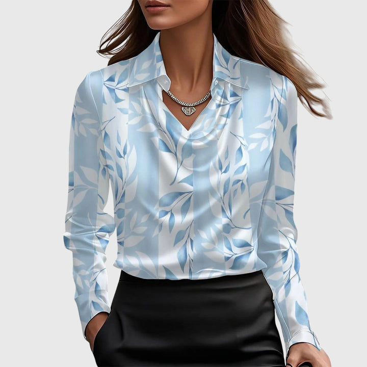 Pleated V-Neck Satin Womens Blouse, Draped Relaxed Fit