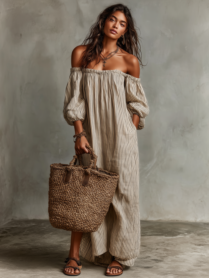 Off-Shoulder Cotton-Linen Womens Maxi Dress, Long Sleeve