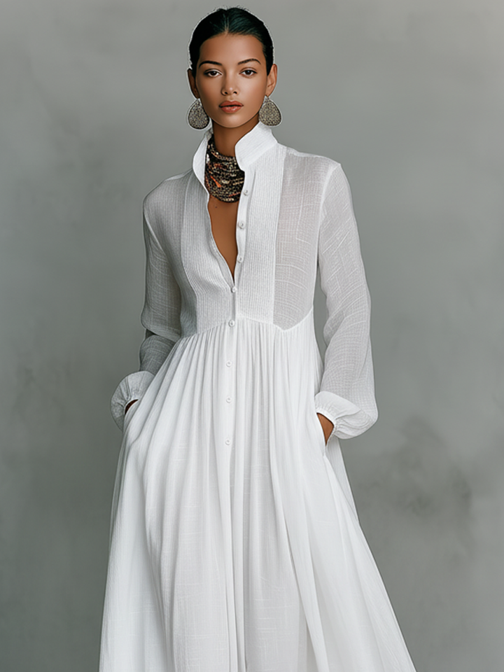 Stand-Collar Cotton-Linen Womens Maxi Dress, Long Sleeve