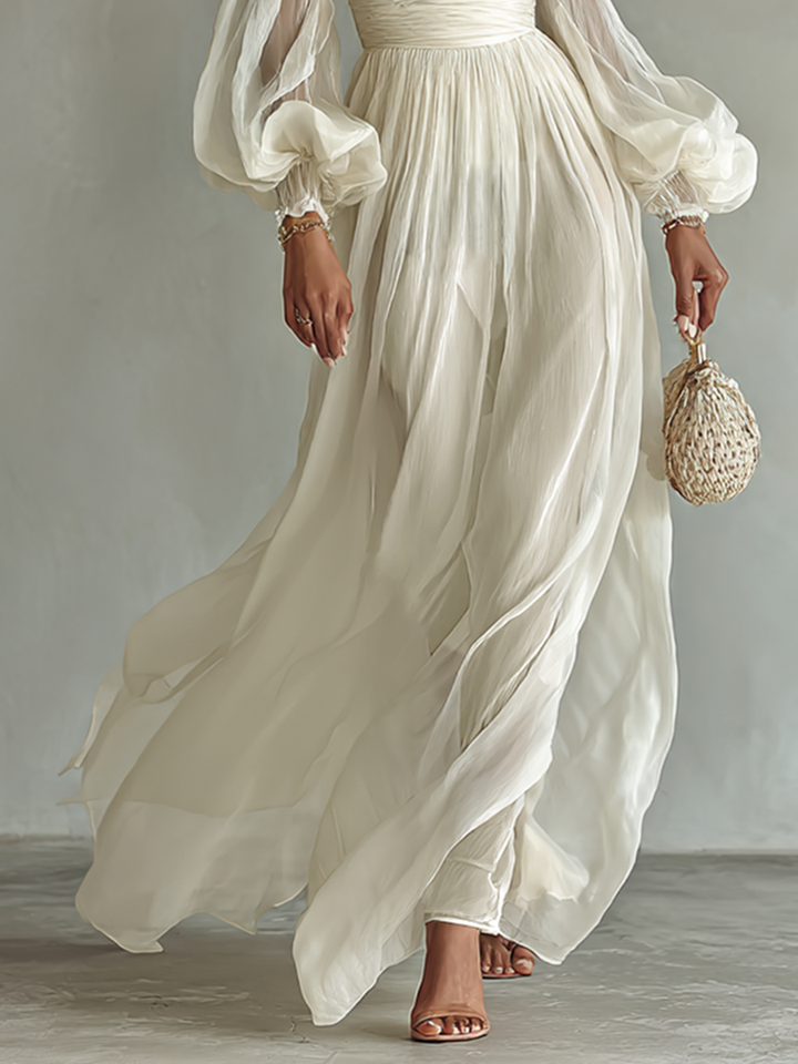 Square-Neck Long-Sleeve Chiffon Womens Maxi Dress