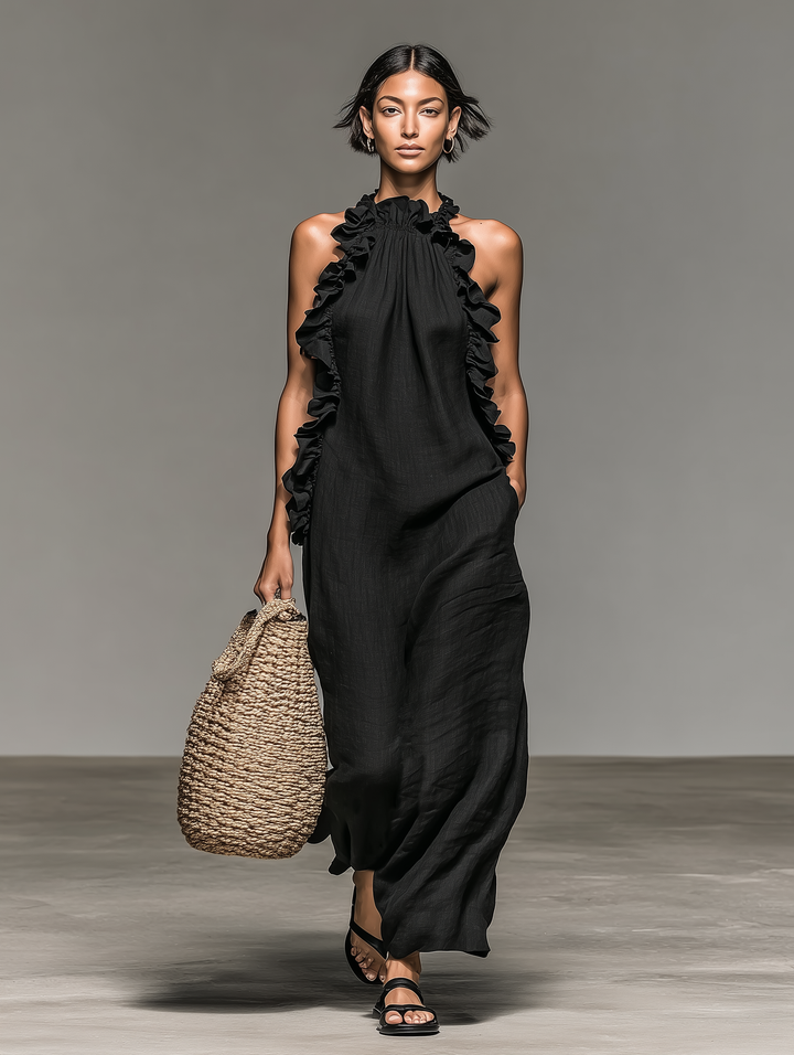 Ruffle-Trim Sleeveless Womens Maxi Dress in Linen Blend