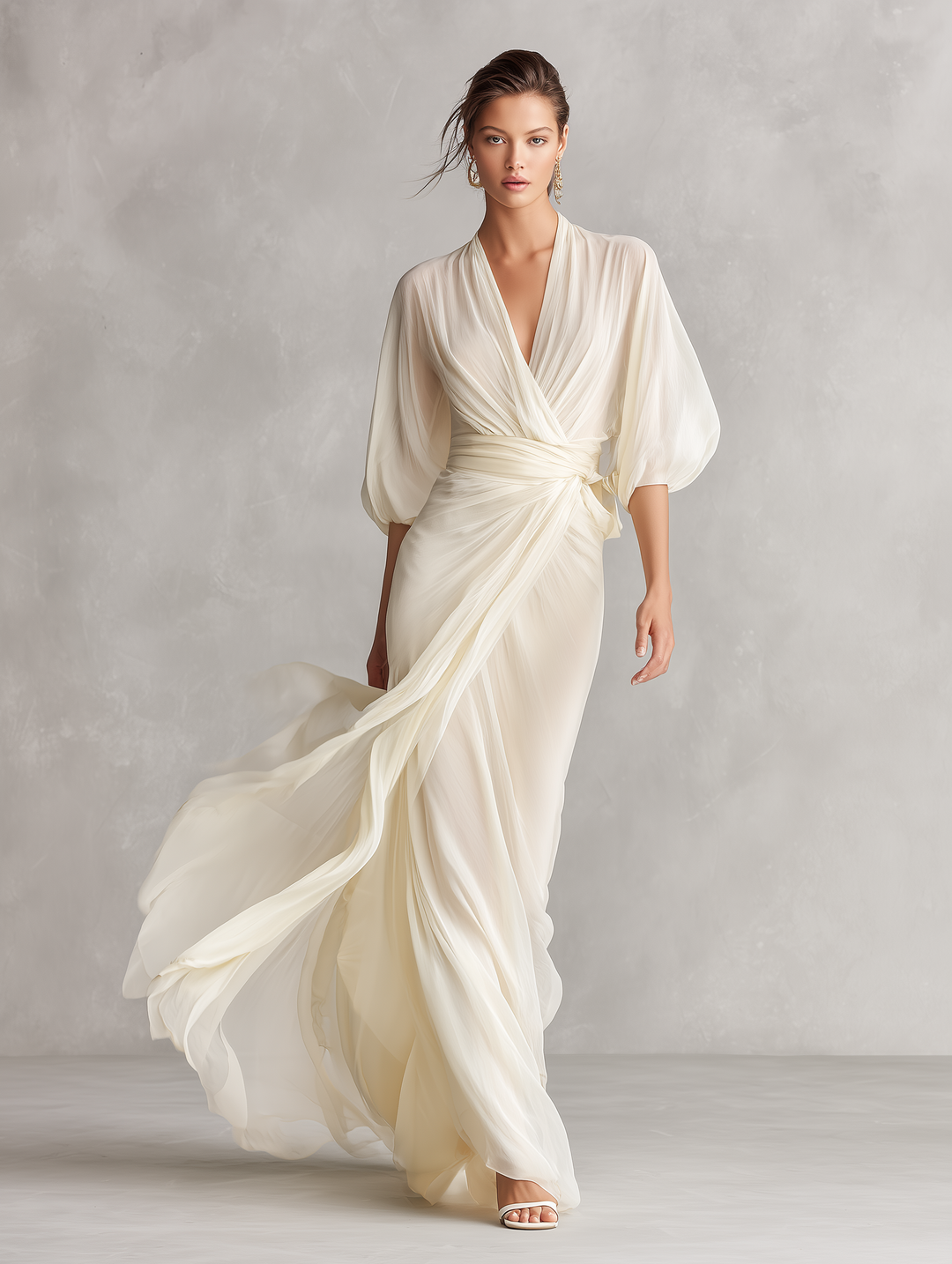 Puff-Sleeve Chiffon Womens Wrap Maxi Dress, Formal Gown