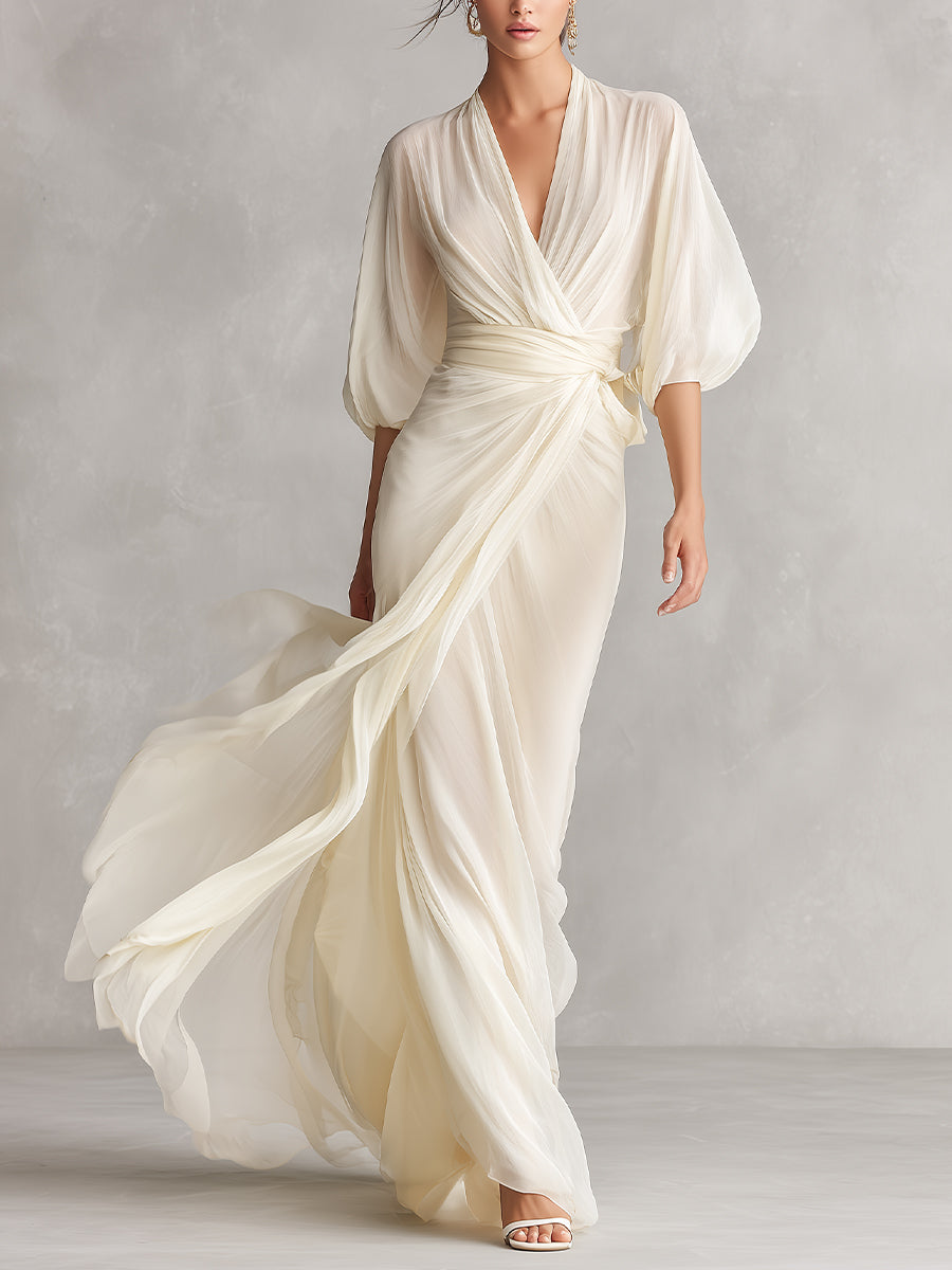Puff-Sleeve Chiffon Womens Wrap Maxi Dress, Formal Gown
