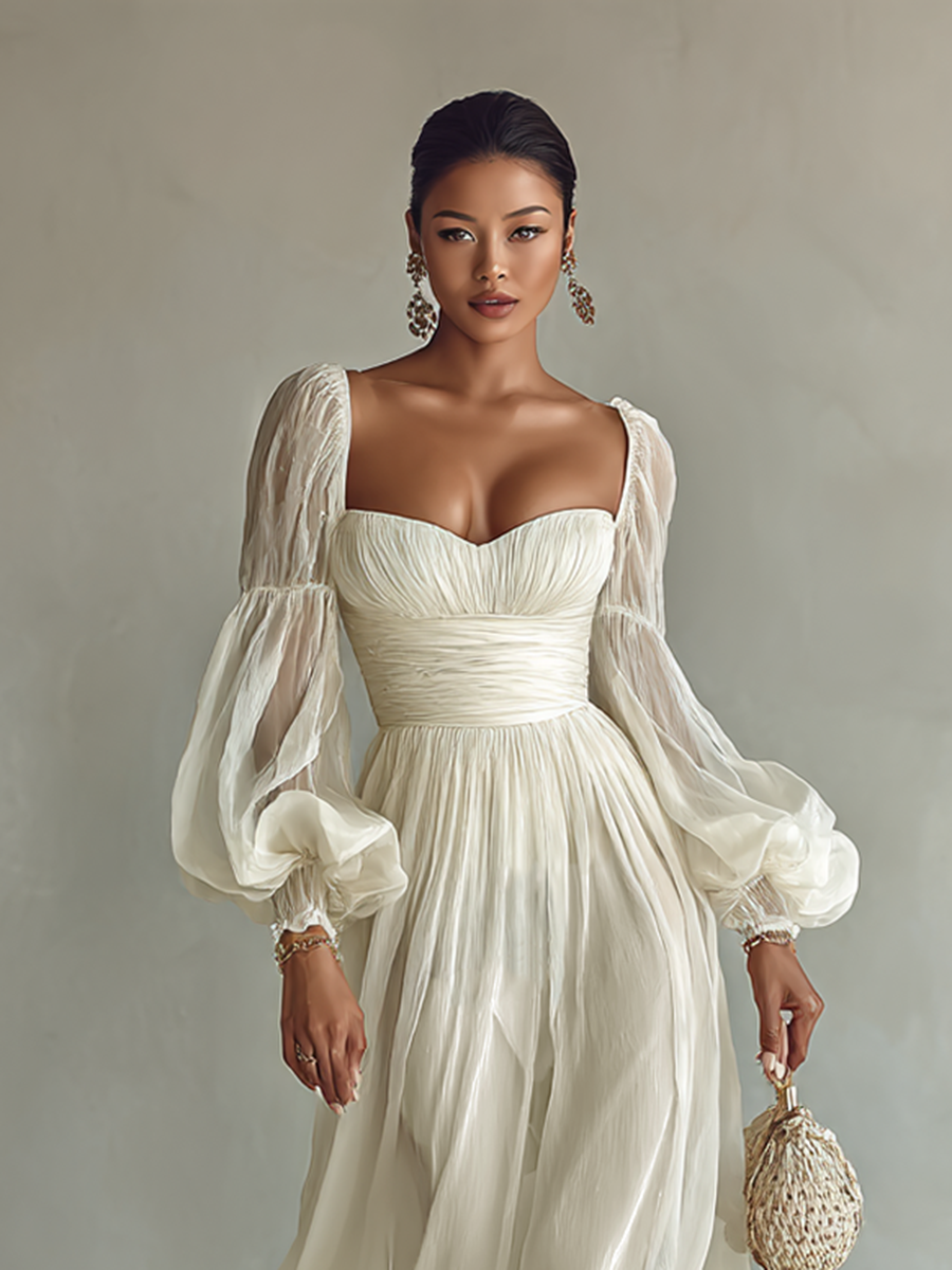 Square-Neck Long-Sleeve Chiffon Womens Maxi Dress