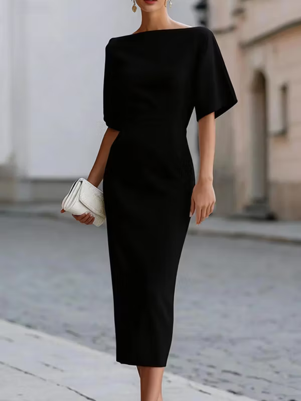 Boat-Neck Ruffle-Sleeve Fitted Womens Midi Dress