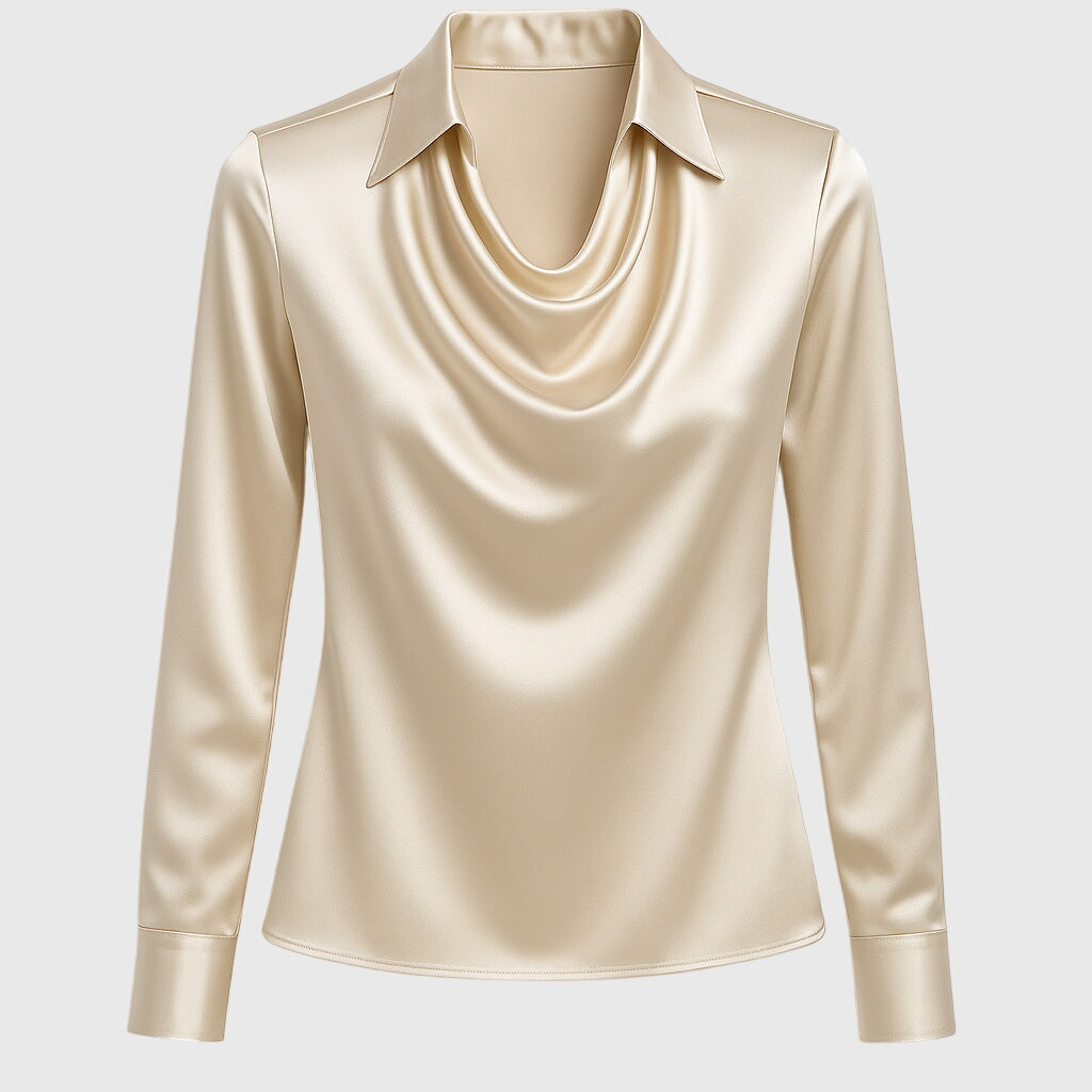 Pleated V-Neck Satin Womens Blouse, Draped Relaxed Fit
