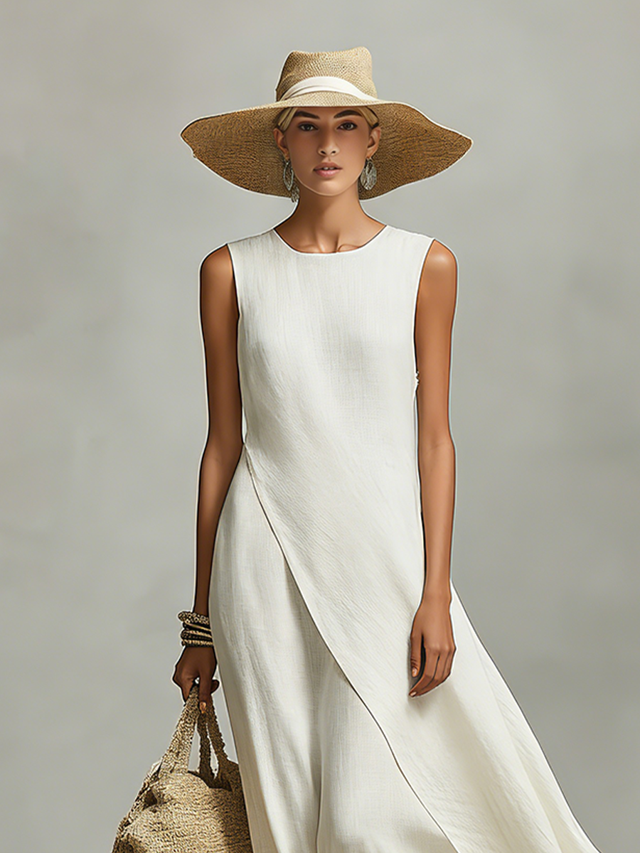 Asymmetric-Hem Sleeveless Linen Womens Maxi Dress
