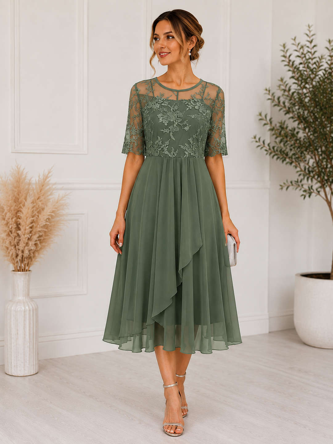 Lace A-Line Cocktail Womens Midi Dress, Special Occasion