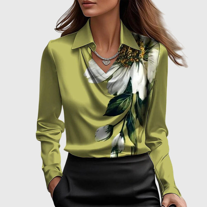 Pleated V-Neck Satin Womens Blouse, Draped Relaxed Fit