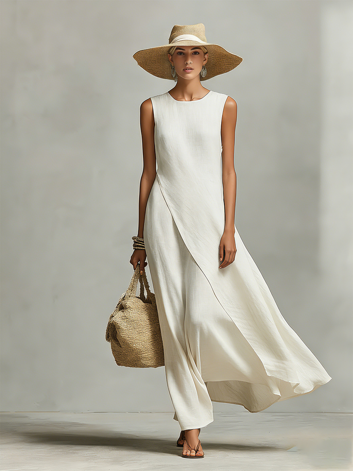 Asymmetric-Hem Sleeveless Linen Womens Maxi Dress