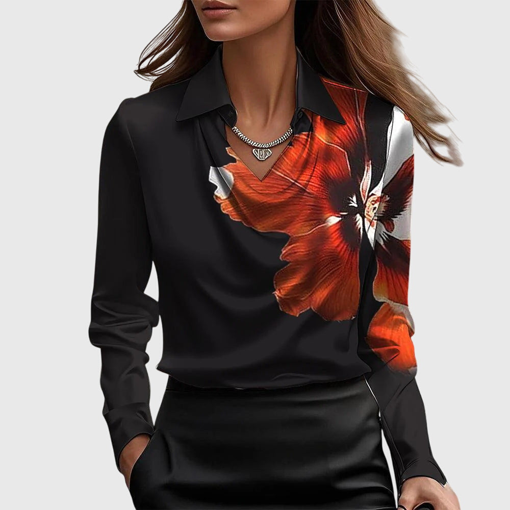 Pleated V-Neck Satin Womens Blouse, Draped Relaxed Fit