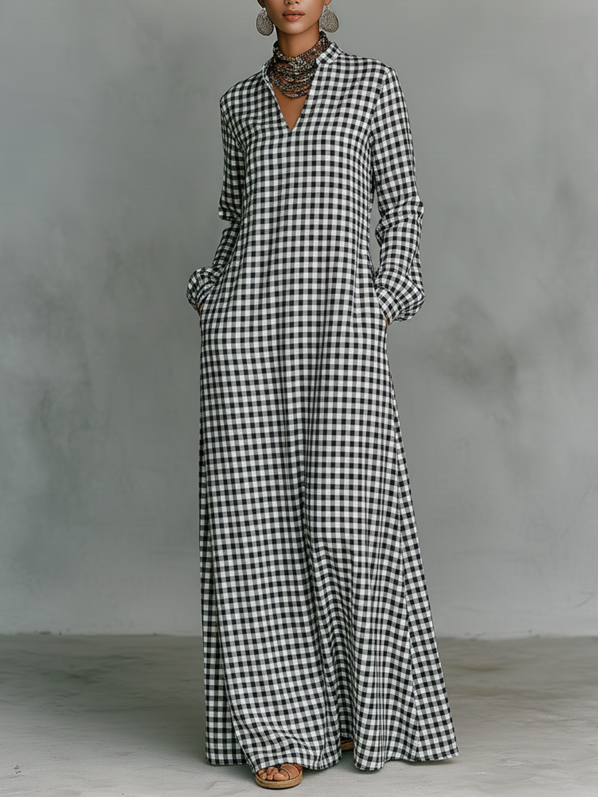Plaid V-Neck Long-Sleeve Cotton Womens Maxi Dress