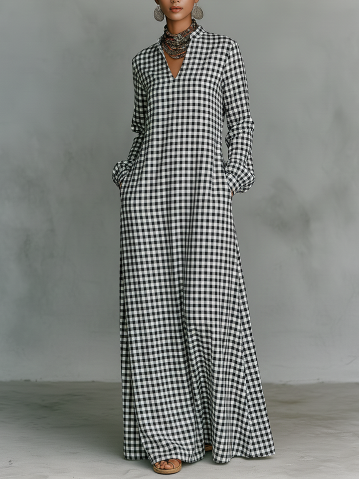 Plaid V-Neck Long-Sleeve Cotton Womens Maxi Dress