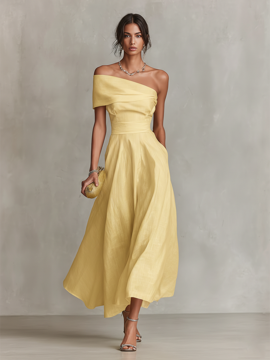 One-Shoulder Fitted-Waist Linen Womens Maxi Dress