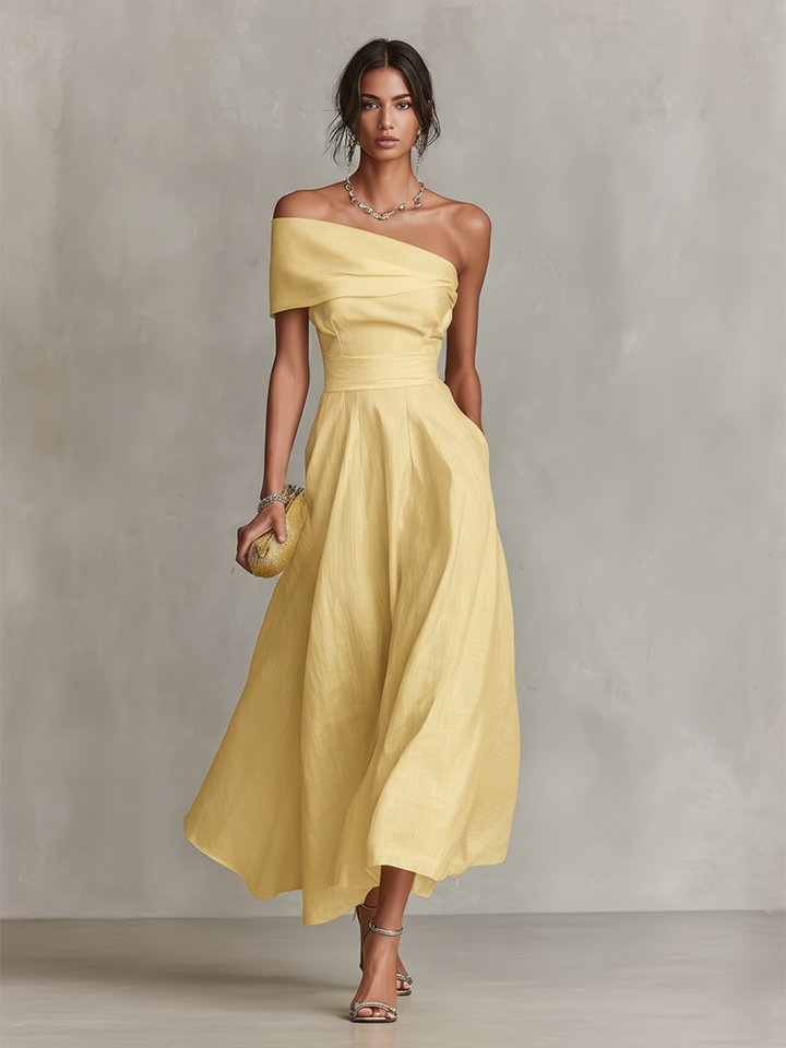 One-Shoulder Fitted-Waist Linen Womens Maxi Dress