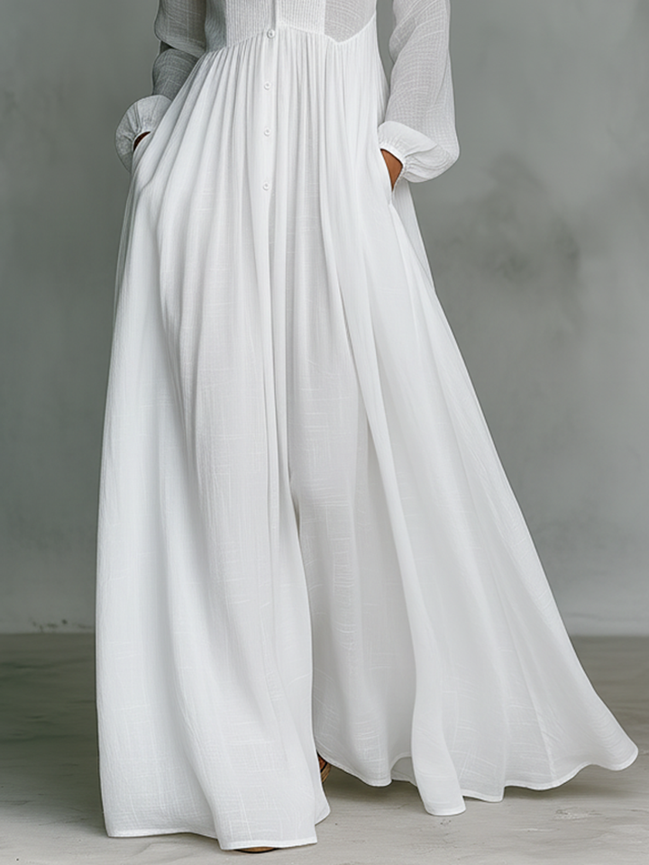 Stand-Collar Cotton-Linen Womens Maxi Dress, Long Sleeve