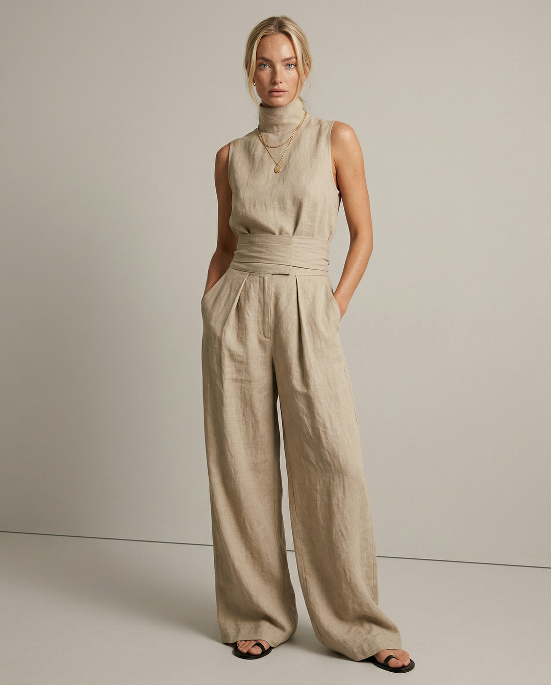 Linen Womens Two-Piece Set, Top &amp; Wide-Leg Pants, Relaxed