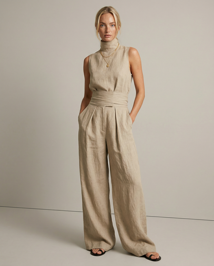 Linen Womens Two-Piece Set, Top &amp; Wide-Leg Pants, Relaxed