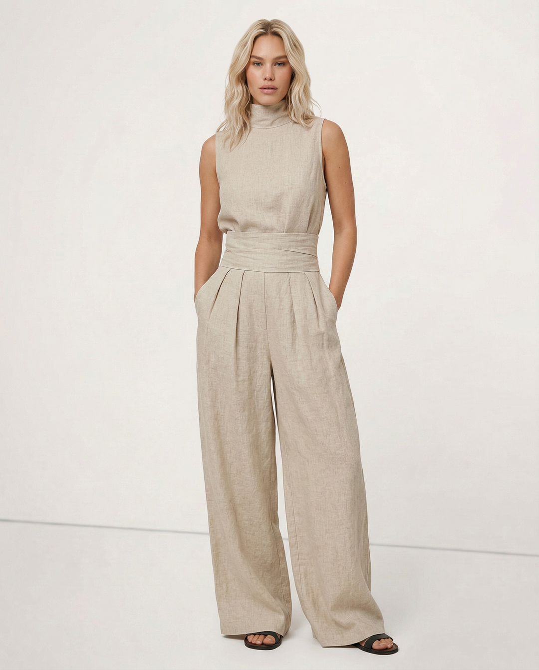 Linen Womens Two-Piece Set, Top &amp; Wide-Leg Pants, Relaxed