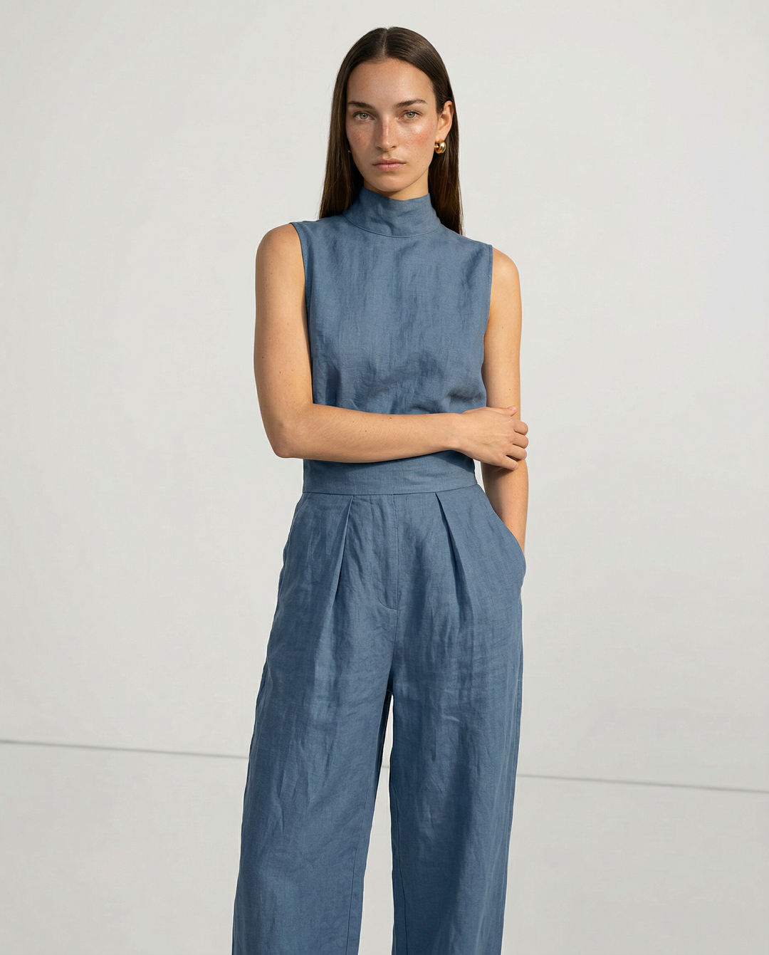 Linen Womens Two-Piece Set, Top &amp; Wide-Leg Pants, Relaxed