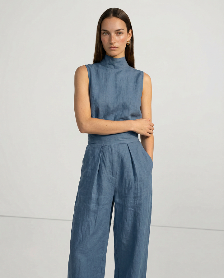 Linen Womens Two-Piece Set, Top &amp; Wide-Leg Pants, Relaxed