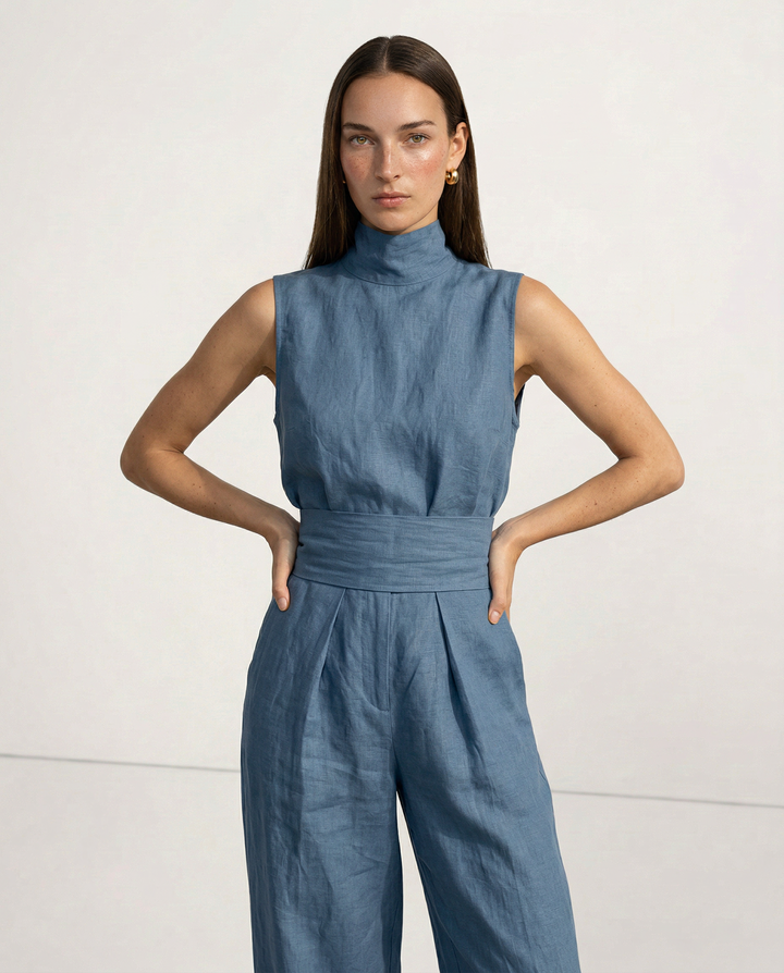 Linen Womens Two-Piece Set, Top &amp; Wide-Leg Pants, Relaxed