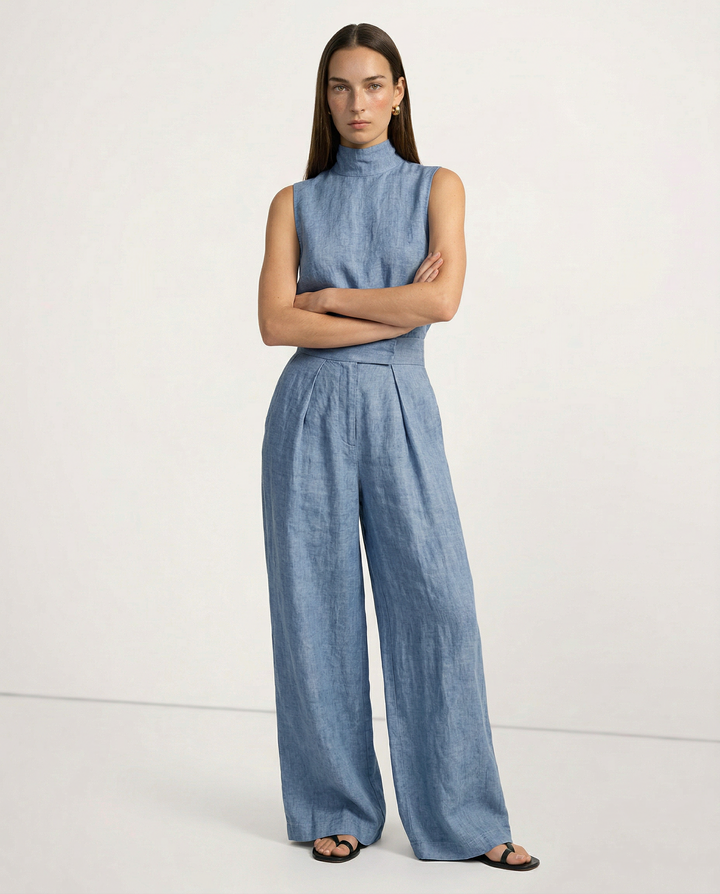 Linen Womens Two-Piece Set, Top &amp; Wide-Leg Pants, Relaxed