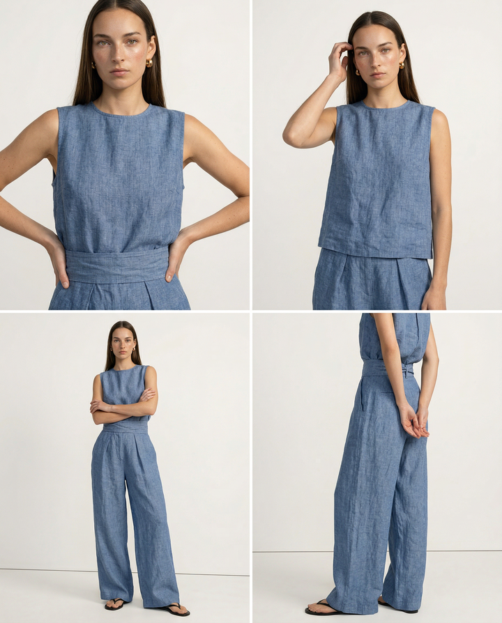 Linen Womens Two-Piece Set, Top &amp; Wide-Leg Pants, Relaxed