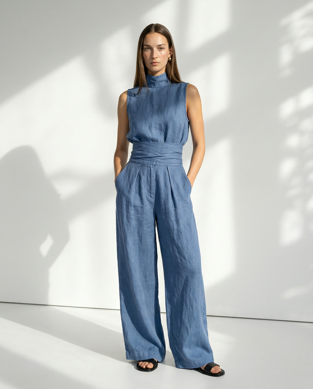 Linen Womens Two-Piece Set, Top &amp; Wide-Leg Pants, Relaxed