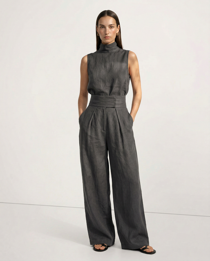 Linen Womens Two-Piece Set, Top &amp; Wide-Leg Pants, Relaxed