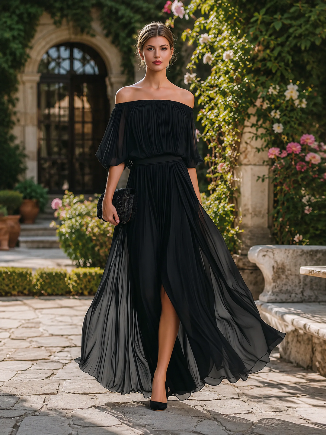 Off-Shoulder Pleated Formal Womens Maxi Dress, Wedding