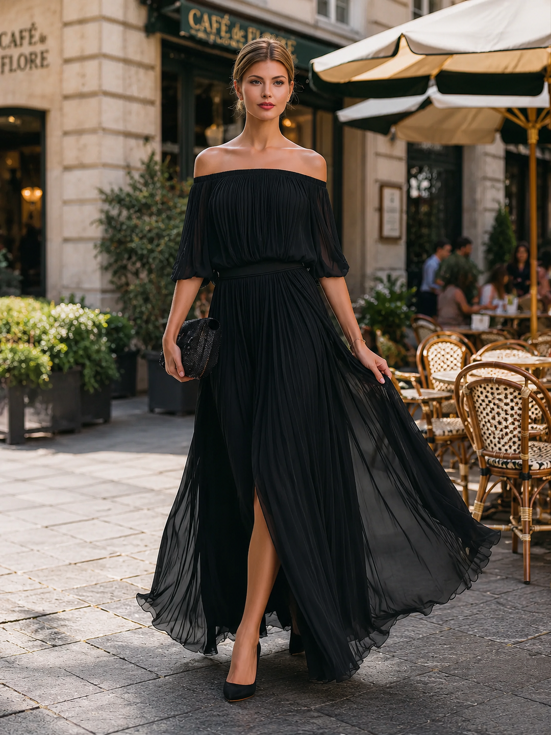 Off-Shoulder Pleated Formal Womens Maxi Dress, Wedding