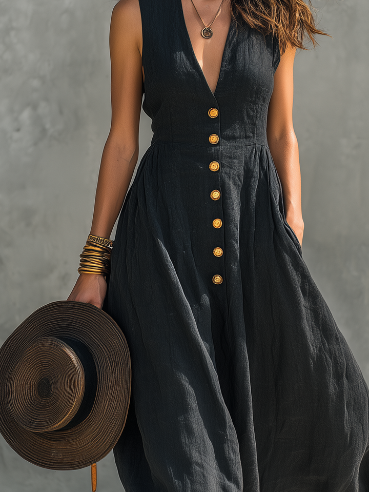 V-Neck Sleeveless Cotton-Linen Womens Maxi Dress, Casual
