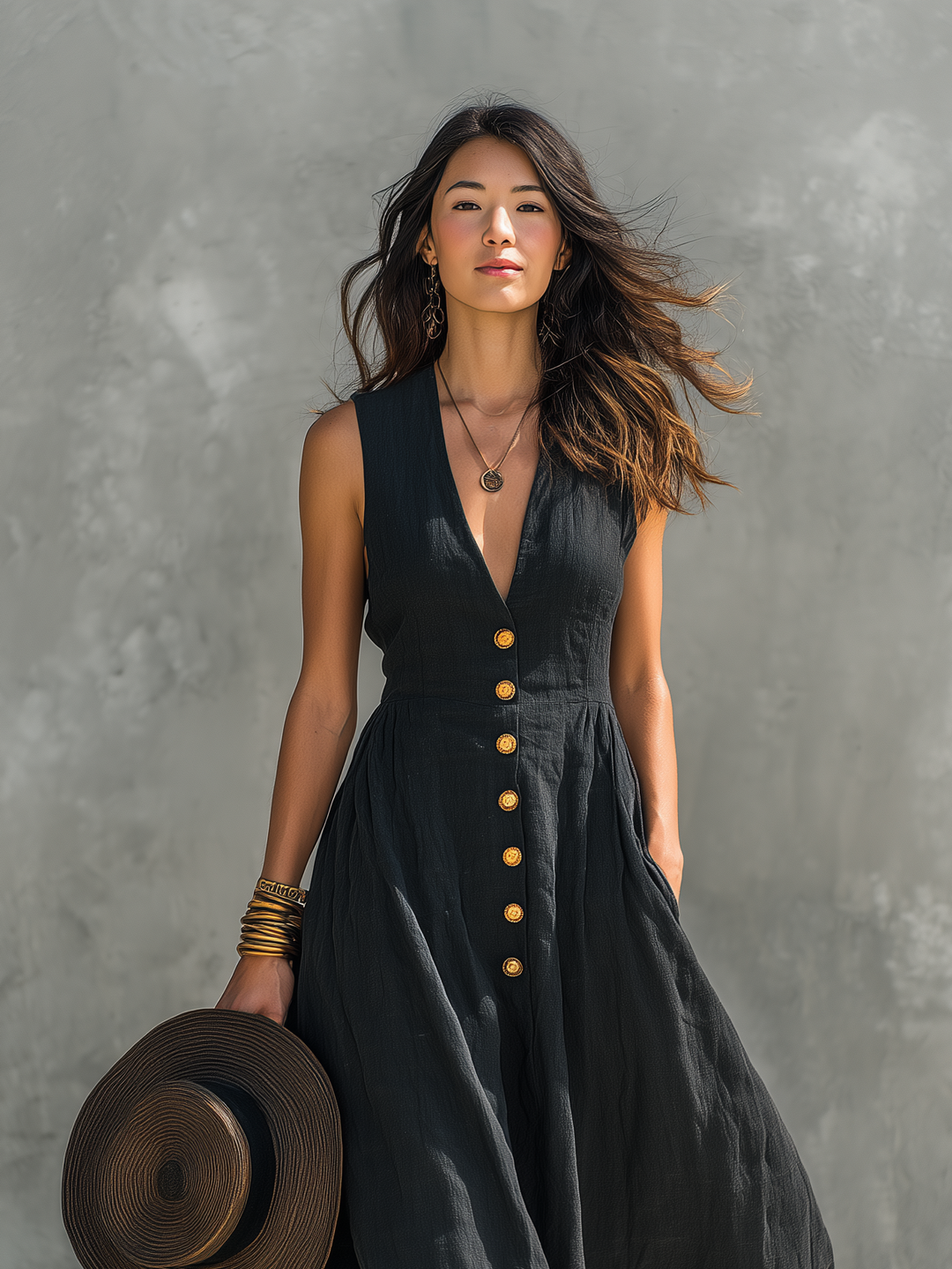 V-Neck Sleeveless Cotton-Linen Womens Maxi Dress, Casual