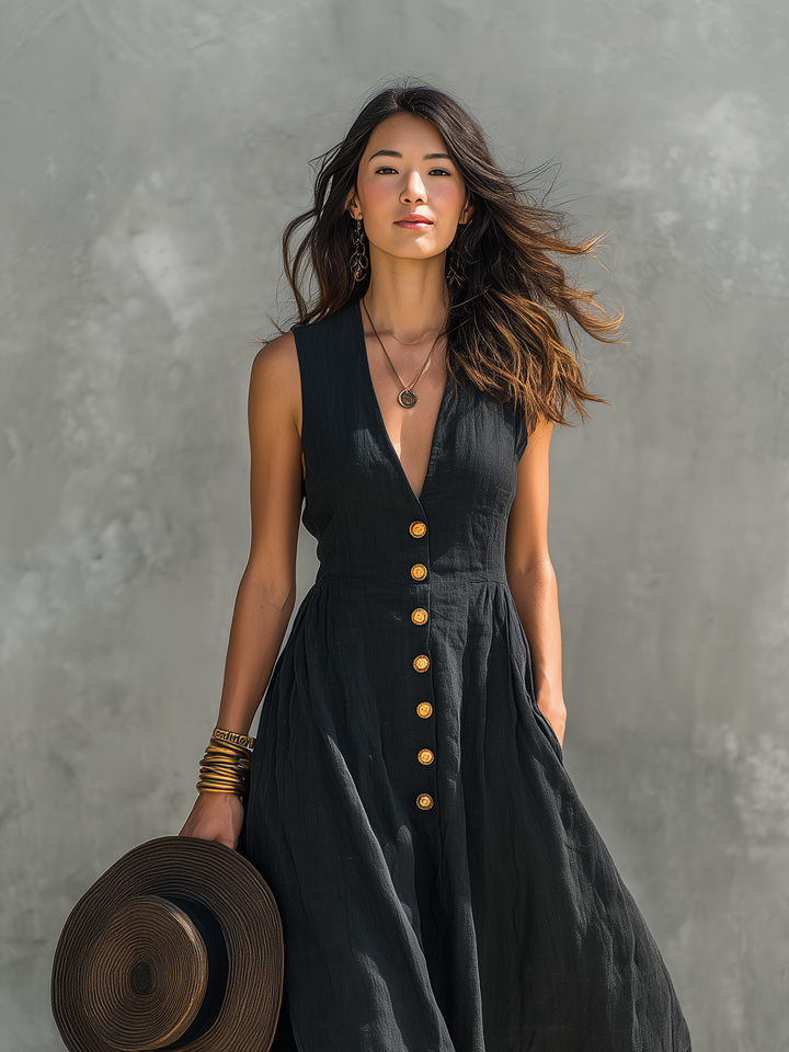 V-Neck Sleeveless Cotton-Linen Womens Maxi Dress, Casual